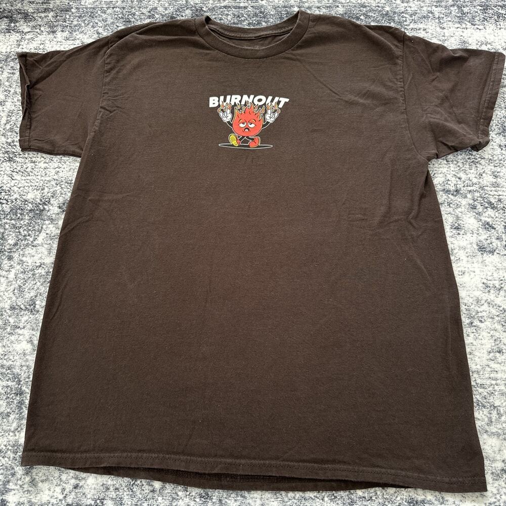 Large Burnout 12oz Club Shirt Adult Size Short Sleeve Flame‎ Fire Brown Tilly's